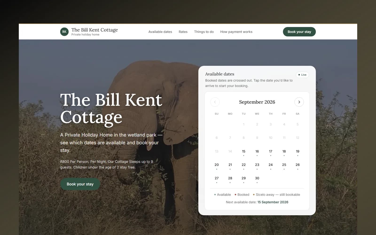 Bill Kent Family House homepage with the booking calendar visible