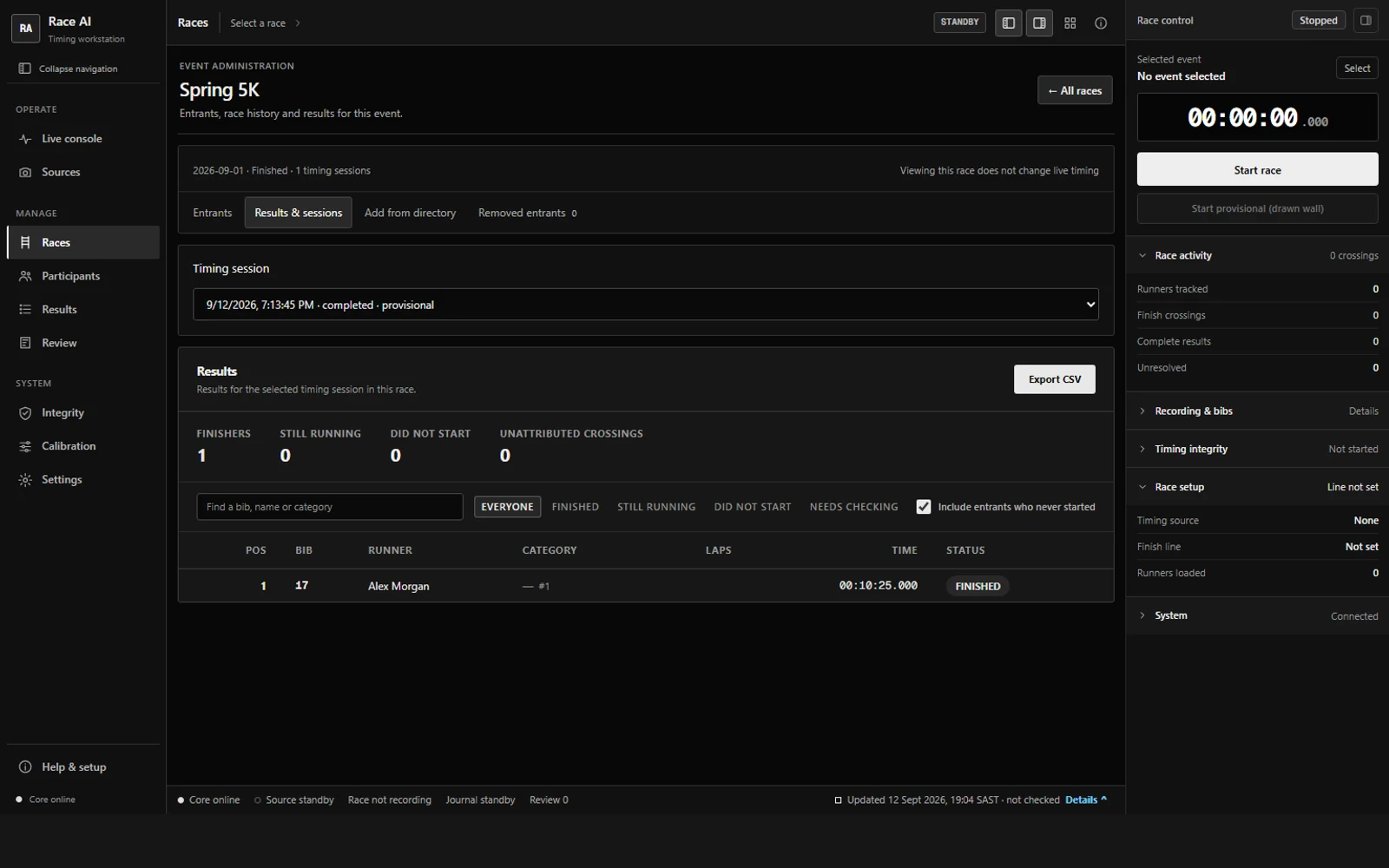 The RaceRecap results screen listing a finisher's position, bib, time and status