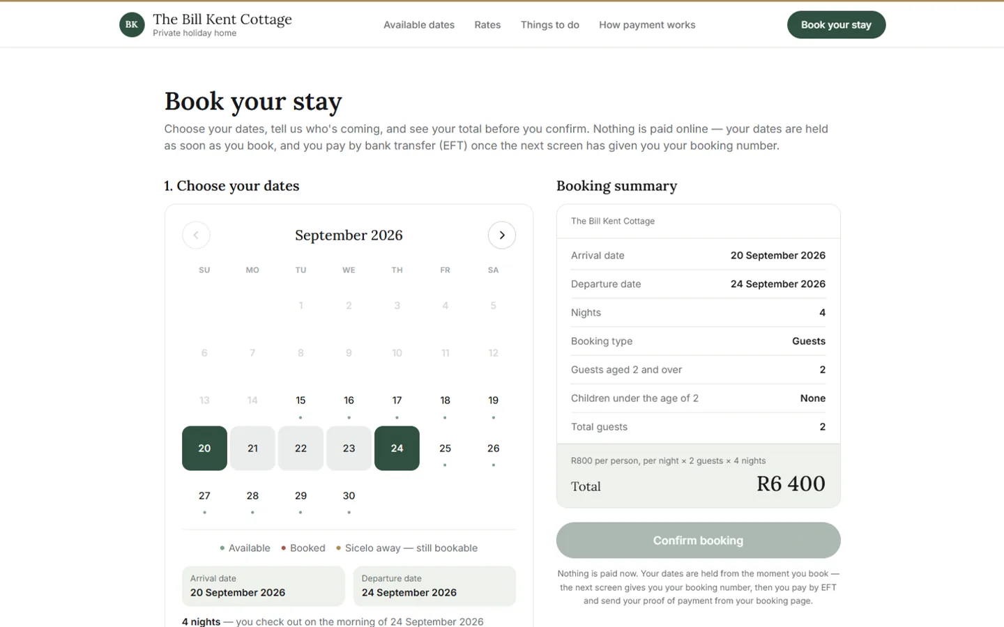 Booking page with four nights selected and the total worked out in the summary