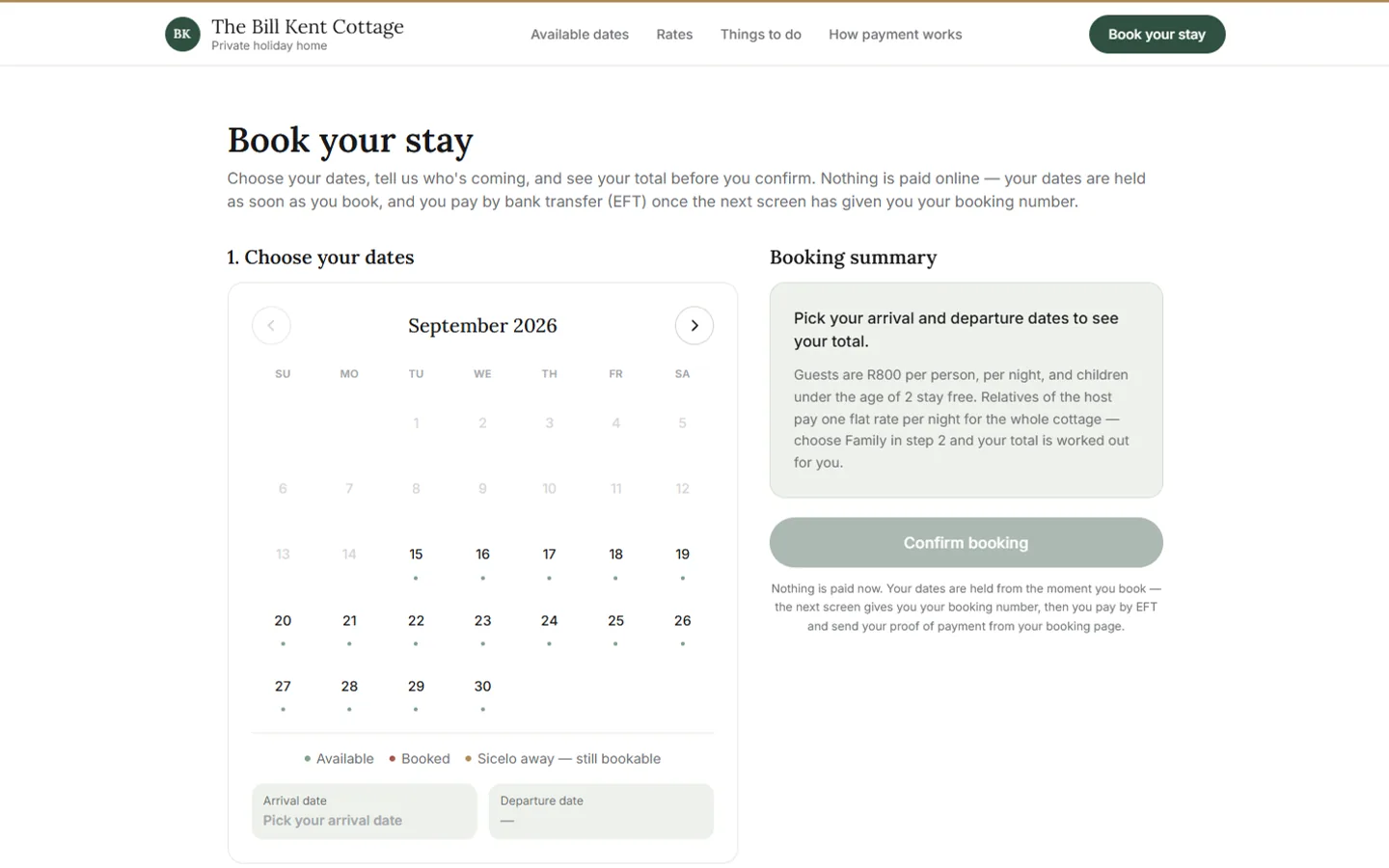 Booking page with the availability calendar and an empty booking summary