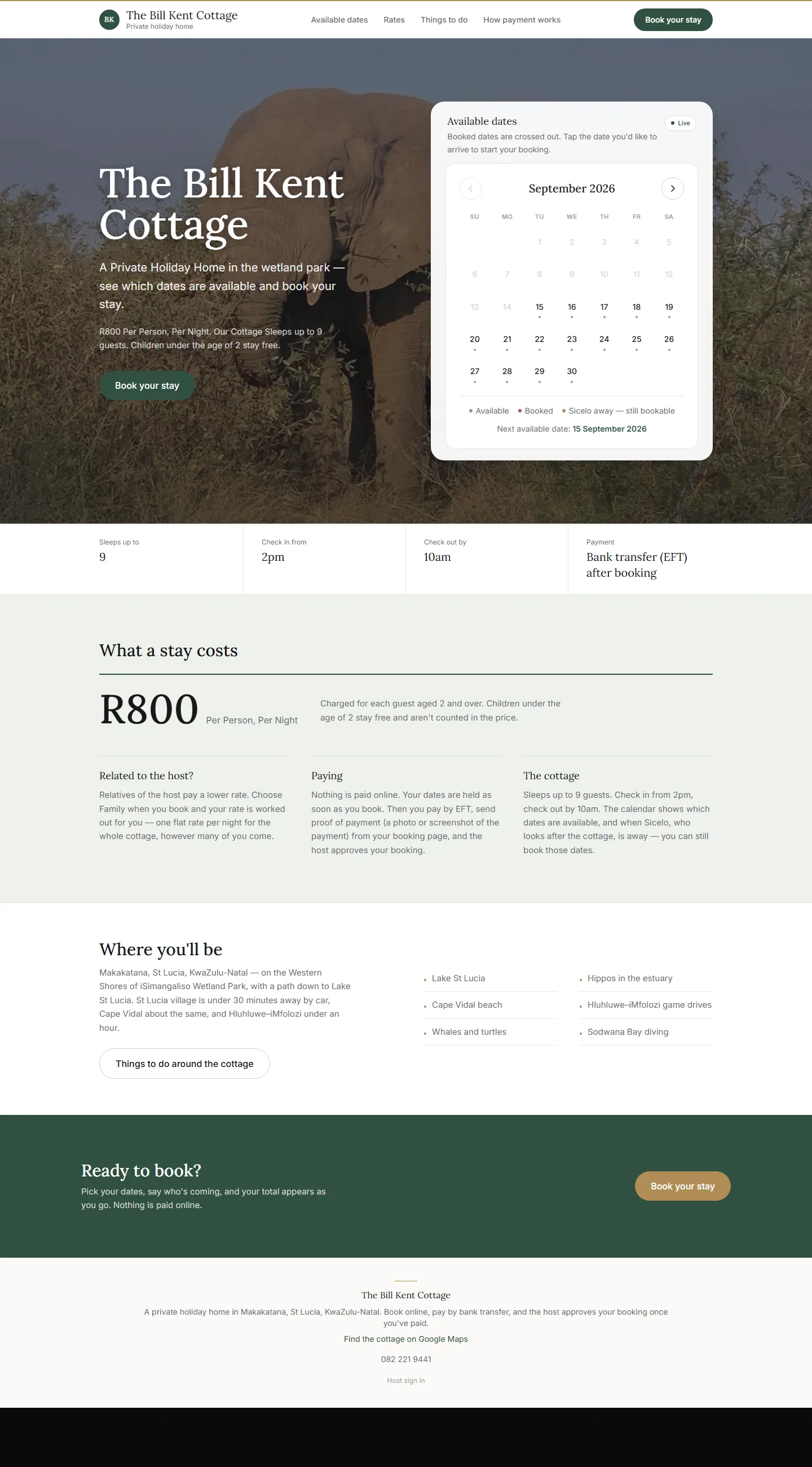 Full-length homepage showing the cottage introduction, calendar and area guide