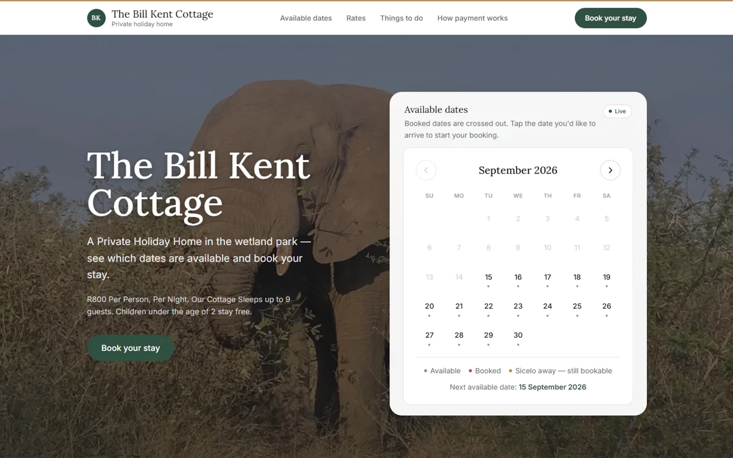 Homepage of the Bill Kent Family House booking site on desktop