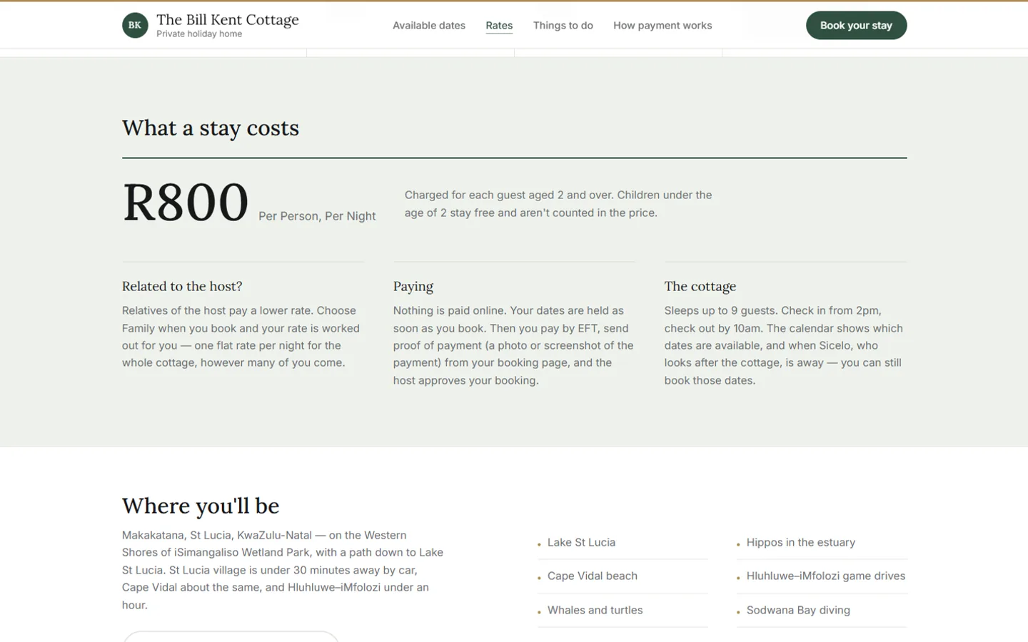 Rates section with the per-person nightly price and the family rate explained